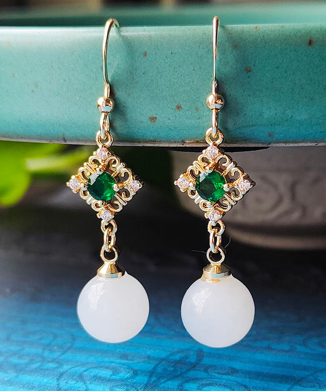 Chic White 14K Gold Inlaid Gem Stone Jade Zircon Drop Earrings