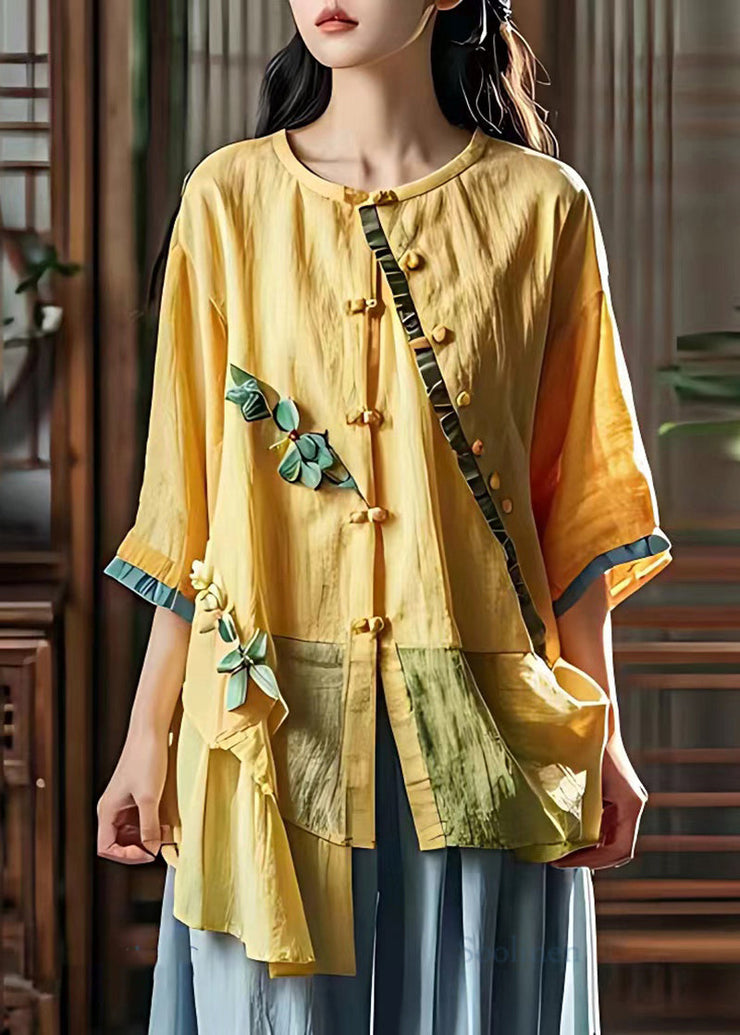 Chic Yellow Asymmetrical Patchwork Wrinkled Linen Shirt Summer