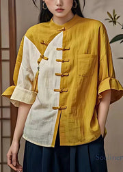 Chic Yellow Button Pockets Patchwork Cotton Shirt Flare Sleeve