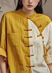 Chic Yellow Button Pockets Patchwork Cotton Shirt Flare Sleeve