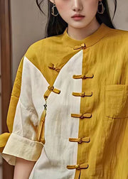 Chic Yellow Button Pockets Patchwork Cotton Shirt Flare Sleeve