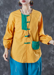 Chic Yellow Chinese Button Patchwork Linen Shirt Top Summer