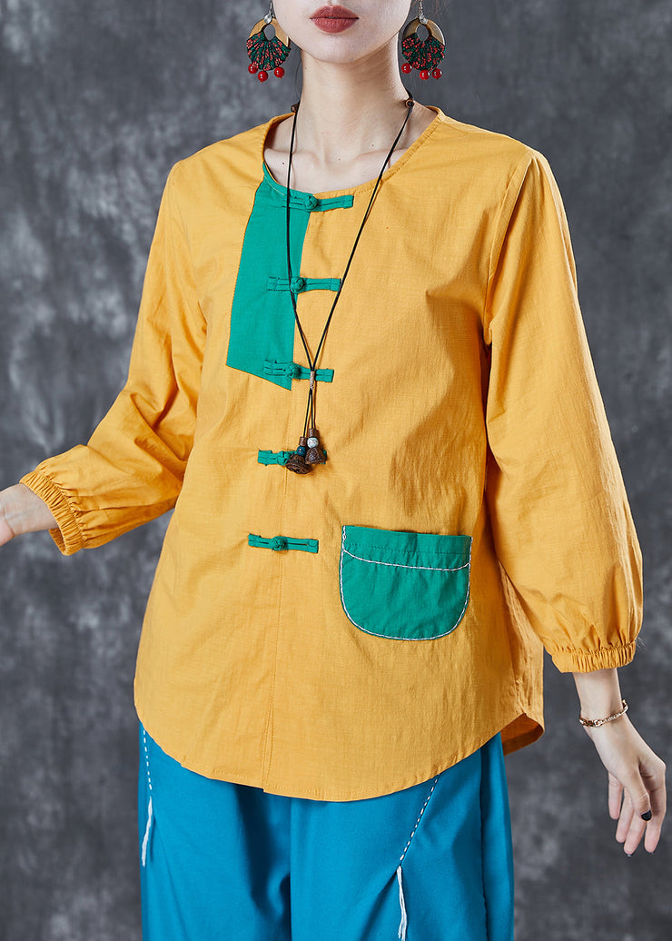 Chic Yellow Chinese Button Patchwork Linen Shirt Top Summer