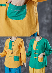 Chic Yellow Chinese Button Patchwork Linen Shirt Top Summer