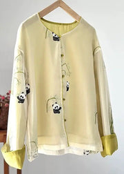 Chic Yellow O-Neck Animal Print Silk Coats Fall