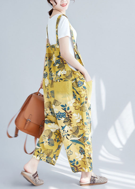 Chic Yellow Pockets Print Denim Crop Wide Leg Jumpsuit Spring