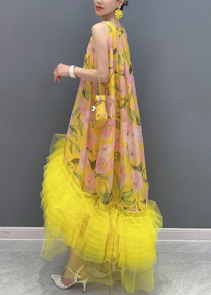 Chic Yellow Print Tulle Patchwork Long Dress Sleeveless