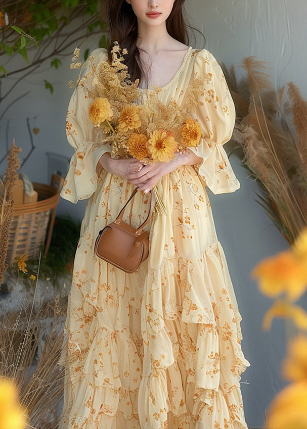 Chic Yellow Ruffled Print Chiffon Dress Flare Sleeve