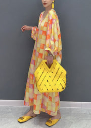 Chic Yellow V Neck Plaid Silk Long Dress Lantern Sleeve