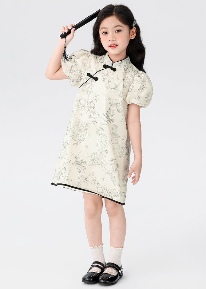 Chinese Style Beige Stand Collar Print Button Kids Mid Dress Short Sleeve