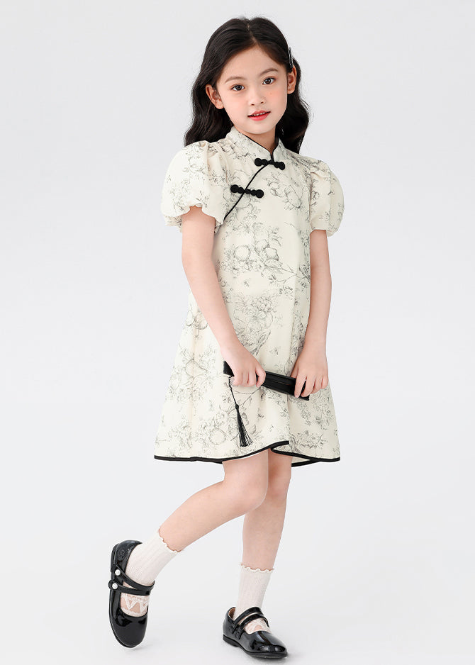 Chinese Style Beige Stand Collar Print Button Kids Mid Dress Short Sleeve