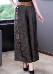 Chinese Style Black Lace Up Elastic Waist Silk Wide Leg Pants Summer