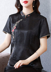 Chinese Style Black Stand Collar Embroidered Silk Top Summer