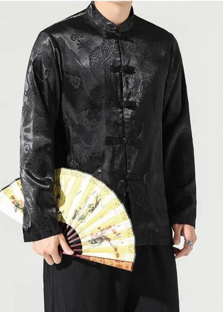 Chinese Style Black Stand Collar Print Button Silk Men Coats Long Sleeve