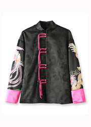 Chinese Style Black Stand Collar Tasseled Embroideried Silk Coat Fall