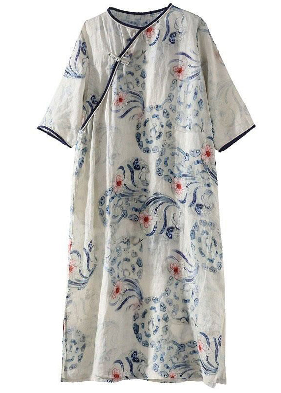 Chinese Style Blue Print Button Side Open Cotton Skirts Summer