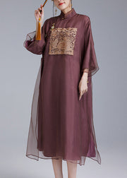 Chinese Style Dark Purple Embroidered Button Silk Dresses Spring