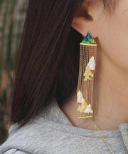 Chinese Style Gold Sterling Silver Overgild Enamel Chain Tassel Drop Earrings