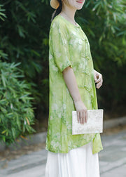 Chinese Style Green Print Asymmetrical Button Linen Shirt Summer