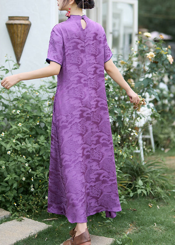 Chinese Style Purple Stand Collar Embroidered Silk Dress Summer