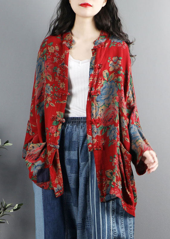 Chinese Style Red Print Pockets Button Patchwork Cotton Coats Long Sleeve