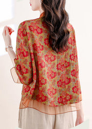 Chinese Style Red Stand Collar Print Patchwork Linen Shirts Summer