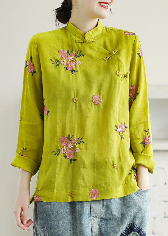 Chinese Style Yellow Embroideried Patchwork Linen Shirt Tops Spring