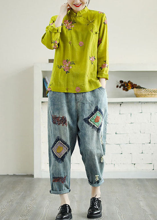 Chinese Style Yellow Embroideried Patchwork Linen Shirt Tops Spring