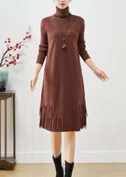 Chocolate Silm Knit Dress Tasseled Turtle Neck Fall