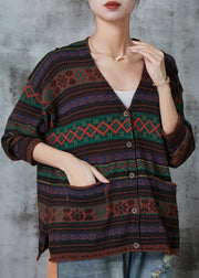 Chocolate Striped Knit Loose Cardigans V Neck Spring