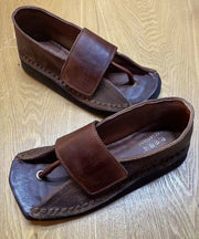 Chocolate Wedge Flip Flops Cowhide Leather Unique Splicing