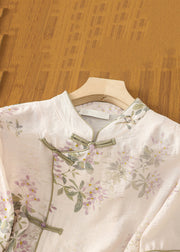 Classy Apricot Button Print Linen Blouse Half Sleeve