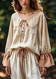 Classy Beige O Neck Lace Up Pockets Cotton Shirt Long Sleeve