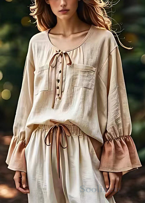 Classy Beige O Neck Lace Up Pockets Cotton Shirt Long Sleeve