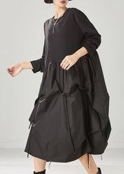 Classy Black Asymmetrical Patchwork Wrinkled Cotton Robe Dresses Spring