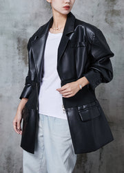 Classy Black Elastic Waist Patchwork Faux Leather Coats Spring