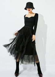 Classy Black Elastic Waist Ruffles Nail Bead Tulle Beach Skirts Summer