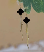 Classy Black Sterling Silver Black Agate Four Leaf Grass Tassel Drop Earrings