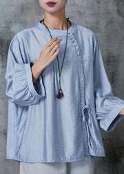 Classy Blue Oversized Lace Up Linen Shirts Summer