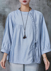 Classy Blue Oversized Lace Up Linen Shirts Summer