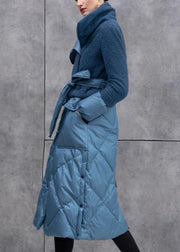 Classy Blue Zip Up Tie Waist Patchwork Duck Down Coat Winter