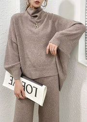 Classy Camel Sweaters And Wide Leg Pants Knit Two Piece Set Spring