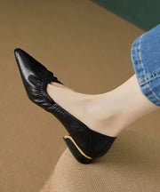 Classy Flat Shoes For Women Black Cowhide Leather Pointed Toe