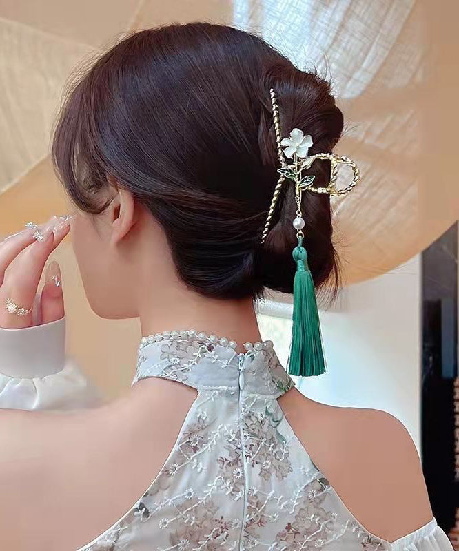 Classy Green Alloy Pearl Camellia Flower Tassel Hairpin