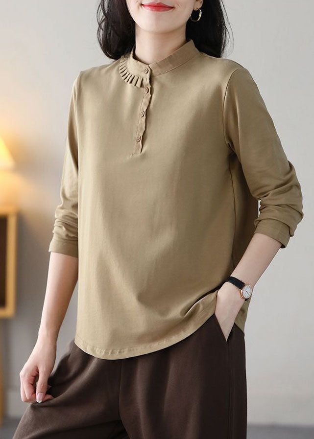 Classy Khaki Stand Collar Slim Fit Wrinkled Cotton Blouse Tops Spring