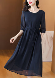 Classy Navy O Neck Drawstring Chiffon Dress Summer