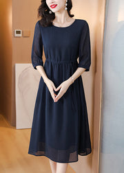 Classy Navy O Neck Drawstring Chiffon Dress Summer