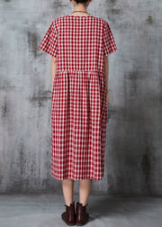 Classy Red Oversized Plaid Linen Dress Summer