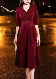 Classy Wine Red V Neck Nail Bead Wrinkled Silk Dress Half Sleeve