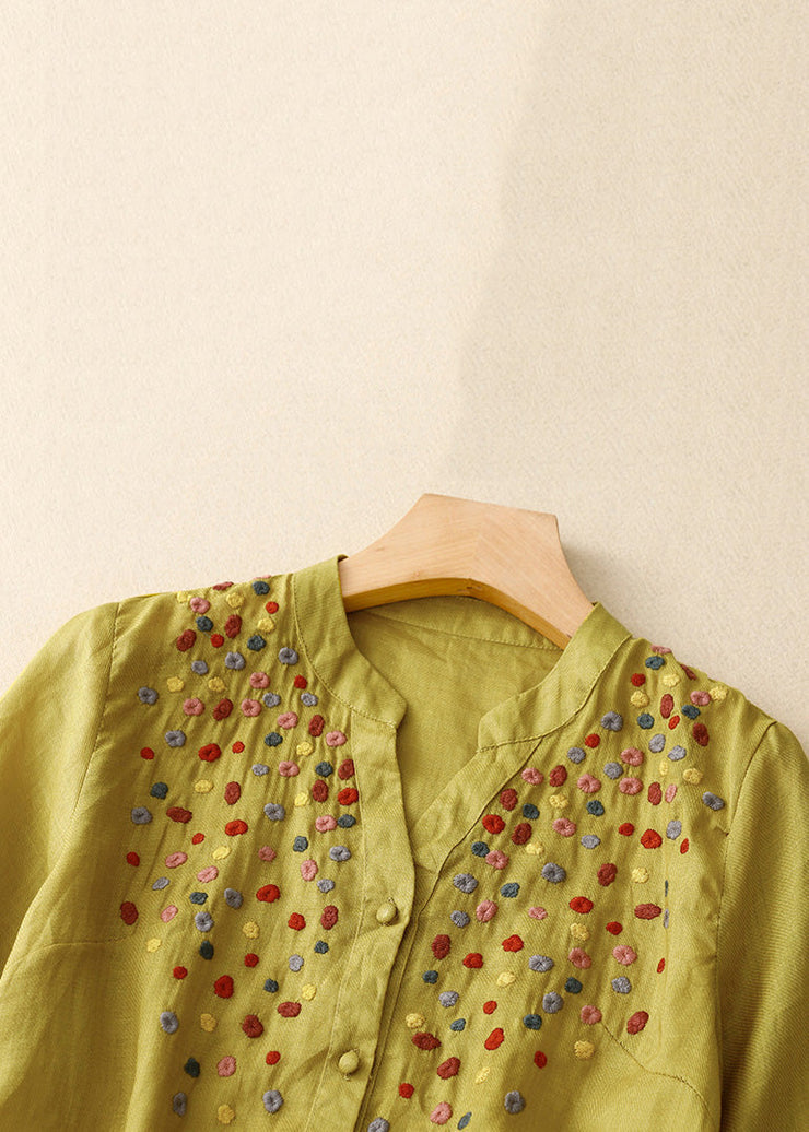 Classy Yellow Embroideried Button Cotton Blouses Spring